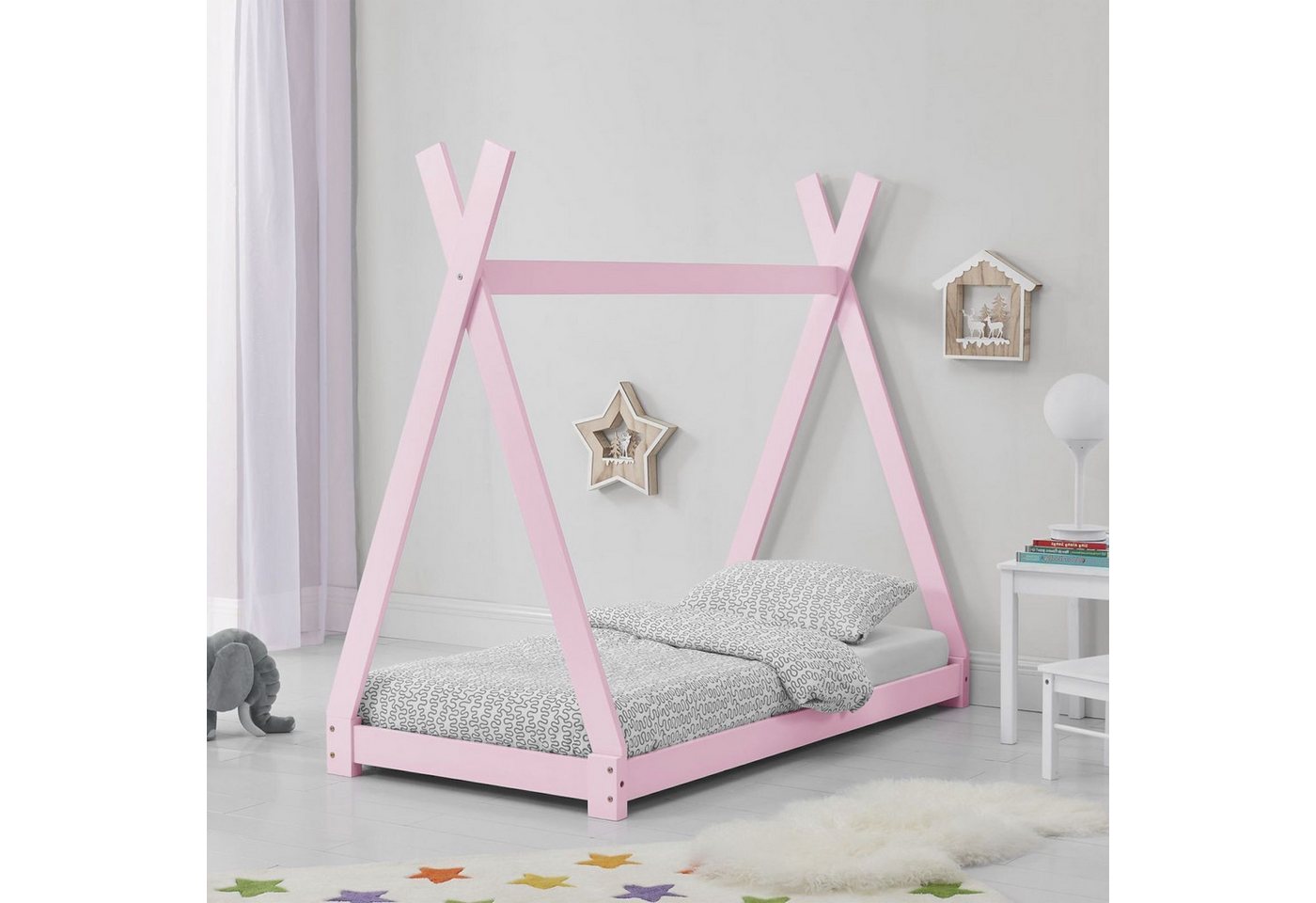 STADO Kinderbett Kinderbett Holzbett Tipi Lattenrost Kinderhaus Bett 70x140cm Rosa von STADO