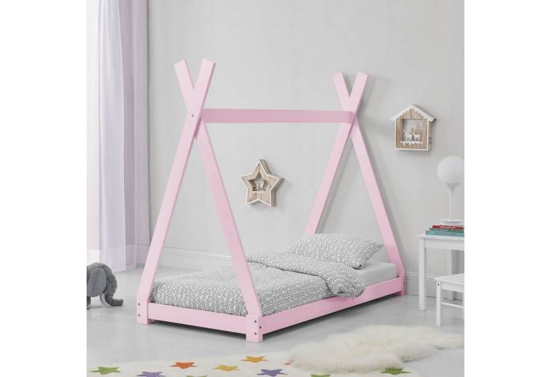 STADO Kinderbett Kinderbett Holzbett Tipi Lattenrost Hellgrau Natur Rosa Weiß 70x140 cm von STADO