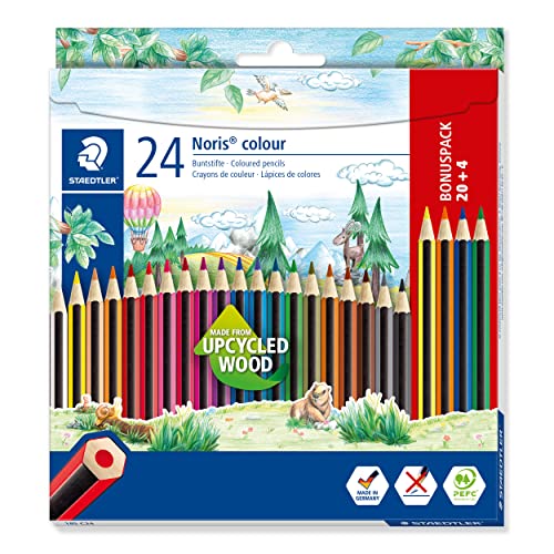 STAEDTLER Buntstifte Noris colour, rutschfeste Soft-Oberfläche, hohe Bruchfestigkeit, Made from Upcycled Wood, intensive Farben, Sechskantformat, 20 + 4 Farbstifte im Kartonetui, 185 C24P von Staedtler