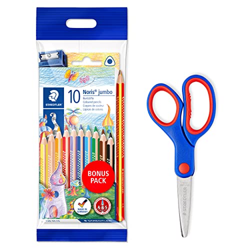 STAEDTLER dicke Buntstifte Noris jumbo in Dreikantform und Bastelschere Noris Club mit gerundeten Klingen, 10 Buntstifte inkl. Spitzer, Regenbogenstift und 14cm Schere, 61 SET8P1X STAEDTLER dicke Buntstifte Noris jumbo in Dreikantform und Bastelschere Noris Club mit gerundeten Klingen, 10 Buntstifte inkl. Spitzer, Regenbogenstift und 14cm Schere, 61 SET8P1X von STAEDTLER