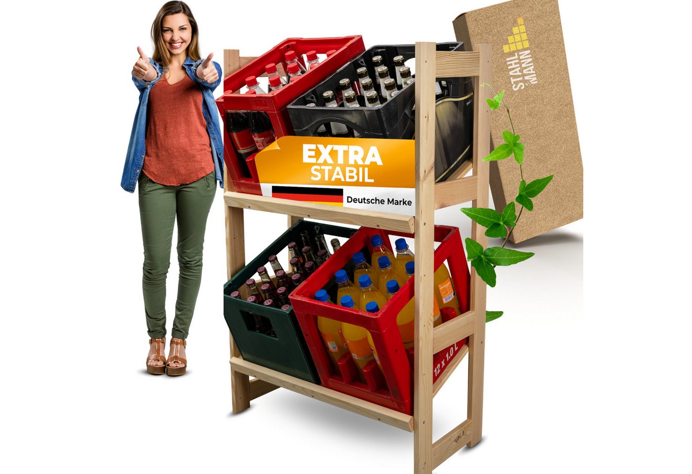 STAHLMANN COMMERCE GmbH Flaschenregal Getränkekistenregal für 4 Kisten [GEEIGNET FÜR Jede KISTENSORTE], Spar-Set, Robustes Getränkeregal aus hochwertigem Kiefernholz von STAHLMANN COMMERCE GmbH