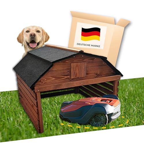 JETZT NEU! STAHLMANN® Mähroboter Garage aus Kiefernholz [77,5 x 73 x 63 cm] - Rasenroboter Garage BRAUN [wetterfest] Mähroboter Garage [MADE IN EUROPE] von STAHLMANN