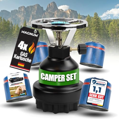 Magnum® Campingkocher inkl. 4 Gaskartuschen [Testnote: Sehr gut] Gaskocher schwarz - Camping Gaskocher stufenlos regulierbar - Gaskocher Camping (4 Kartuschen) von STAHLMANN