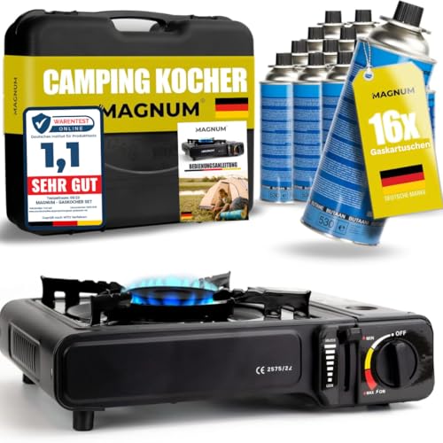 Magnum® Gaskocher inkl. 16 Gaskartuschen [Testnote: Sehr gut] Campingkocher mit Piezozündung [Notfall Ausrüstung] - Camping Gaskocher stufenlos regulierbar - Gaskocher Camping von STAHLMANN