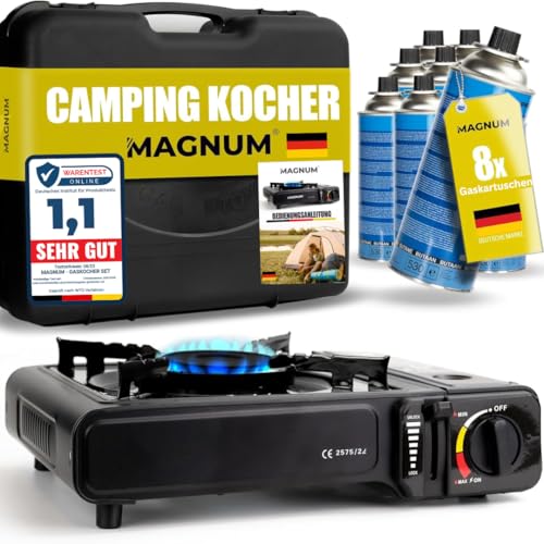 Magnum® Gaskocher inkl. 8 Gaskartuschen [Testnote: Sehr gut] Campingkocher mit Piezozündung [Notfall Ausrüstung] - Camping Gaskocher stufenlos regulierbar - Gaskocher Camping von STAHLMANN