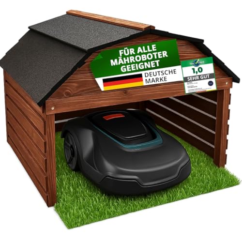 SEHR BELIEBT! Mähroboter Garage aus Kiefernholz [77,5 x 73 x 63 cm] - Rasenroboter Garage BRAUN [wetterfest] Mähroboter Garage [Made IN Europe] von STAHLMANN