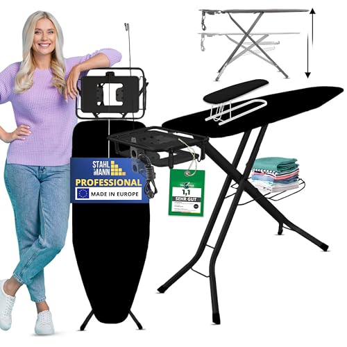 SEHR BELIEBT! STAHLMANN ® XXL-Bügelbrett für Dampfbügelstation inkl. Ärmelbrett[130x48 Bügelfläche]– Bügeltisch [Made IN EU] – extra stabiles Bügelbrett – Bügelbrettbezug [100% Baumwolle] von STAHLMANN