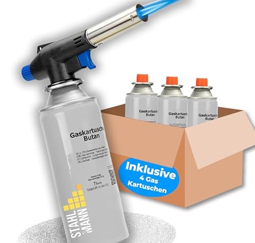 STAHLMANN ® Gasbrenner mit Kartusche 227g – Schweißbrenner max. 1300°C Temperatur – Lötlampe mit Piezozündung – Bunsenbrenner Küche -Küchenbrenner (4x Gaskartuschen) von STAHLMANN