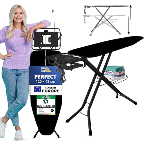 NUR FÜR Kurze Zeit! STAHLMANN ® großes Bügelbrett [120x42 Bügelfläche] mit Kleidungsplatte – robuster Bügeltisch – extra stabiles Bügelbrett [Made IN EU] – Tischbügelbrett von STAHLMANN