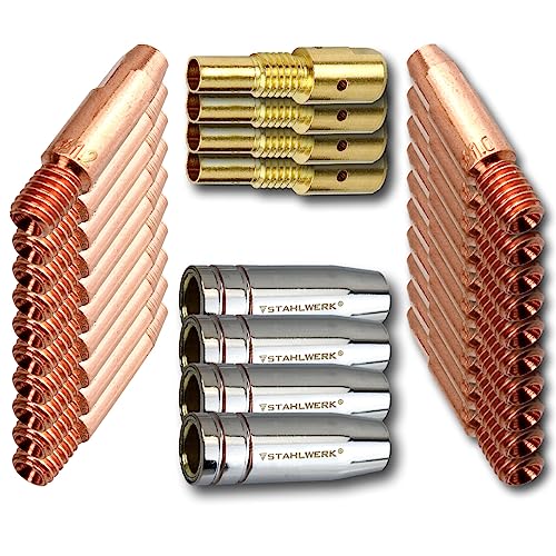 STAHLWERK MIG MAG ALU Verschleißteile Set für AK25 MB25 Schweißbrenner 28-teilig zum Aluminium Schweißen Gasdüsen + Stromdüsen 1,0mm & 1,2mm + Düsenträger von STAHLWERK