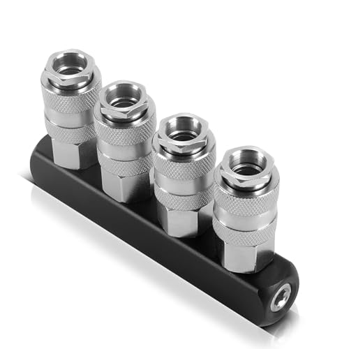 STAHLWERK 2 x 4-fach Druckluft-Verteiler | 4-Wege-Verteiler-Anschluss | Druckluft-Adapter | Pneumatik-Verteiler bis 35 bar mit Schnellkupplung NW 7.2 und 1/4 Zoll Gewinde für Druckluft-Kompressoren von STAHLWERK