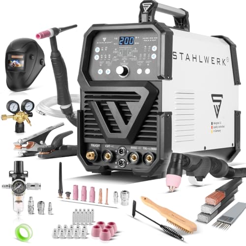 STAHLWERK Schweißgerät 4 in 1 Kombi Vollausstattung AC/DC WIG 200 Puls D CUT – digital mit 200 A, WIG & MMA (Elektrode), Pulsfunktion & 50 A Plasmaschneider, IGBT-Inverter, für Alu & Dünnblech STAHLWERK Schweißgerät 4 in 1 Kombi Vollausstattung AC/DC WIG 200 Puls D CUT – digital mit 200 A, WIG & MMA (Elektrode), Pulsfunktion & 50 A Plasmaschneider, IGBT-Inverter, für Alu & Dünnblech von STAHLWERK