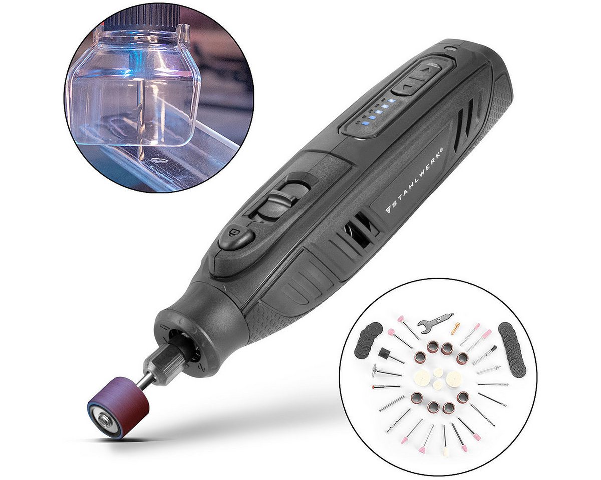STAHLWERK Akku-Multischleifer Akku Mehrzweckschleifer AMF-80 ST 2.000 mAh, max. 25000 U/min, (Packung, 1 tlg., mit 53-teiligem Zubehör), mit Ladekabel von STAHLWERK