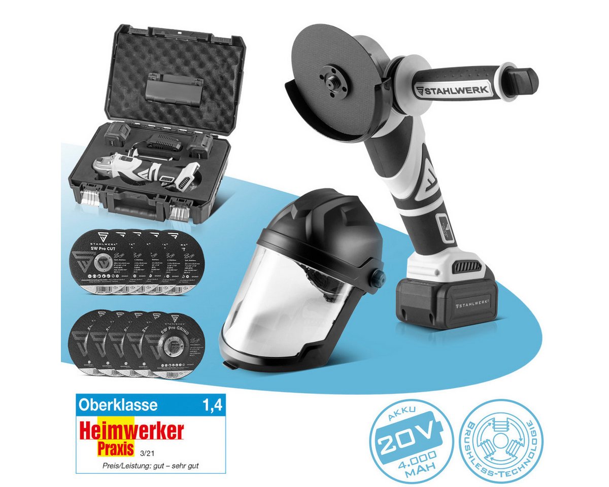 STAHLWERK Akku-Winkelschleifer Schleif-Set Brushless Akku-Winkelschleifer AWS-20 ST Schleifhelm, (3 tlg), Bits, Schauben und andere Kleinteile und Werkzeuge von STAHLWERK