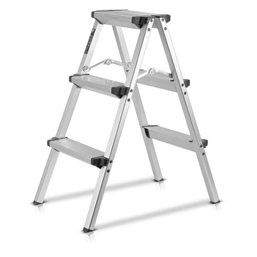STAHLWERK Alu-Trittleiter ALT-150 ST bis 150 kg, 3 Stufen, Standhöhe 72 cm, Aluminium-Leiter | Klappleiter | Klapptritt | Mehrzweckleiter | Stehleiter mit rutschfesten Sprossen von STAHLWERK