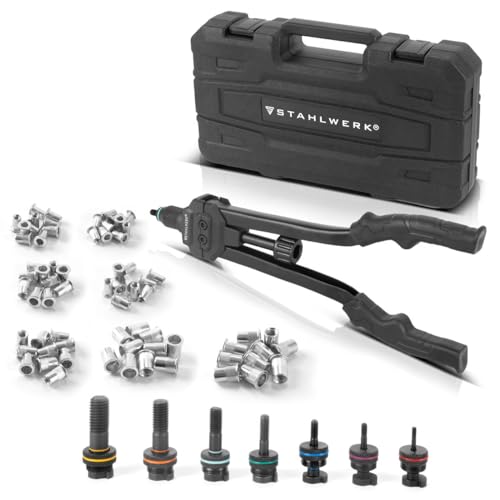 STAHLWERK Blindnietzangen Set NZ-16 ST Nietzange | Nietmutternzange | Popnietzange | Hebelnietzange mit Wechsel-Gewindedorn M3 | M4 | M5 | M6 | M8 | M10 | M12 inklusive 70 Nietmuttern und Koffer von STAHLWERK