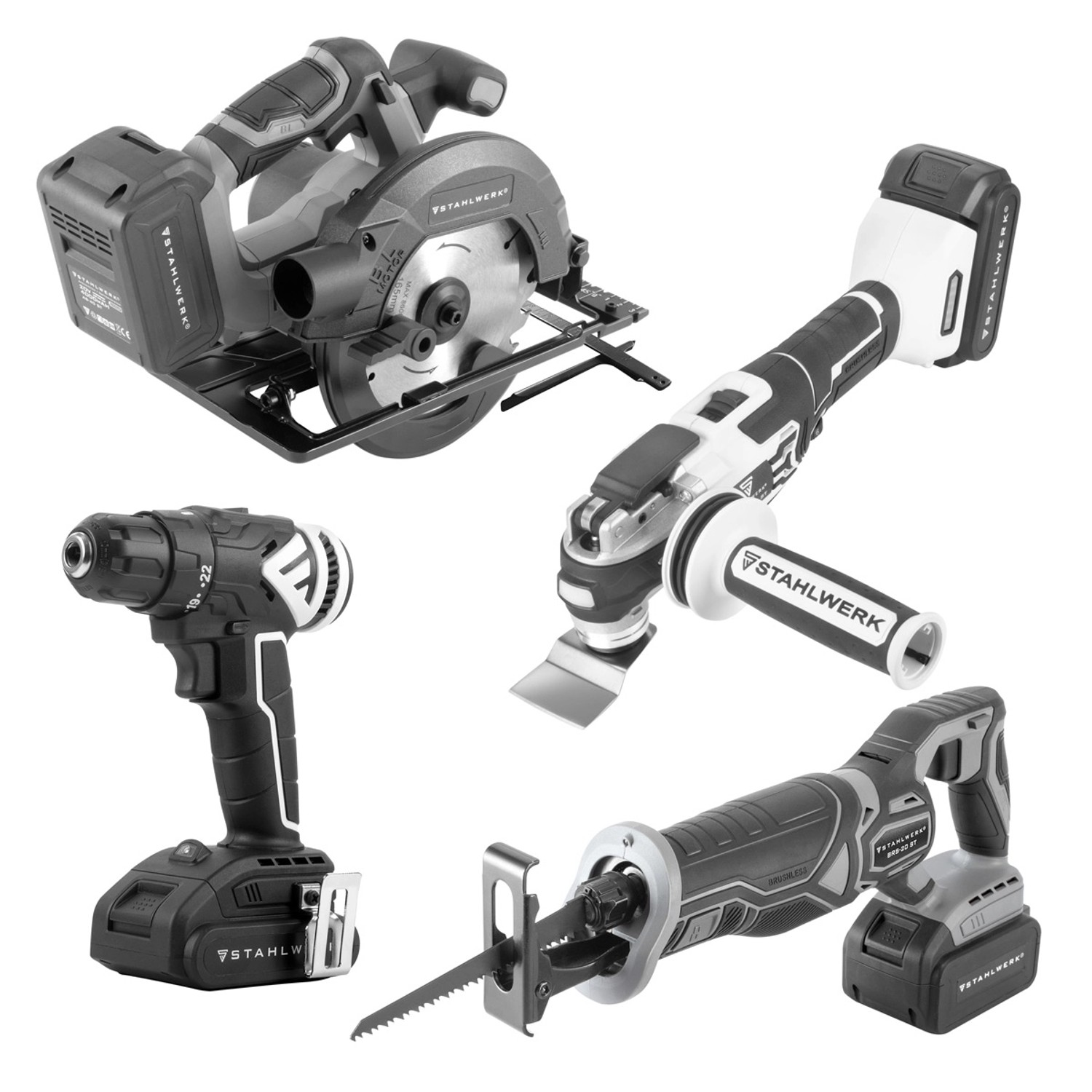 STAHLWERK Brushless Akku Set Handkreissäge Säbelsäge Bohrschrauber Multicutter von STAHLWERK