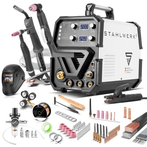 STAHLWERK Schweißgerät 4 in 1 Kombi Vollausstattung CTM-250 ST - WIG MIG, MAG MMA/E-Hand, CUT/Plasma, kompakt, 200 A Schweißen & 50 A Plasmaschneiden, Schneidleistung bis 14mm, Parameter einstellbar von STAHLWERK