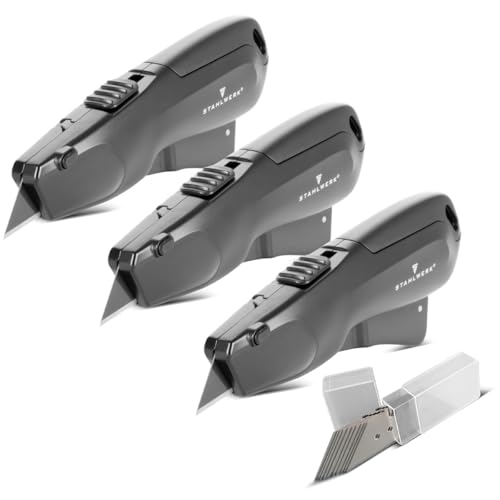 STAHLWERK Cuttermesser UCM-19 ST 3er Set inkl. 10 Schnellwechsel-Klingen - Sicherheitsmesser mit automatischem Klingenrückzug und Sicherheitsverriegelung, Teppichmesser, Paketmesser, Kartonmesser STAHLWERK Cuttermesser UCM-19 ST 3er Set inkl. 10 Schnellwechsel-Klingen - Sicherheitsmesser mit automatischem Klingenrückzug und Sicherheitsverriegelung, Teppichmesser, Paketmesser, Kartonmesser von STAHLWERK