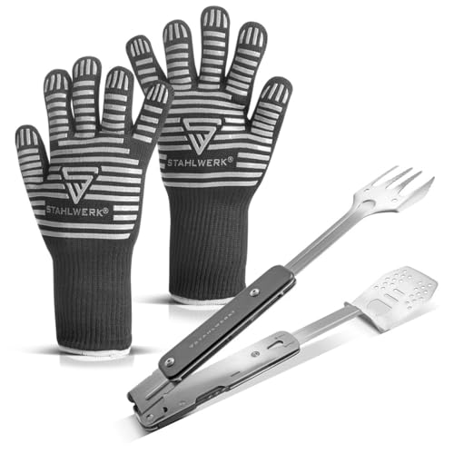 STAHLWERK Grill-Set mit 4-in-1 BBQ Multitool-Grillbesteck aus Grillzange, Grillgabel, Grillwender und Flaschenöffner im Set mit hitzebeständigen Grillhandschuhen von STAHLWERK
