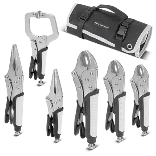 STAHLWERK Gripzangen Set 6-teilig Klemmbereich einstellbar – Langbeck-Gripzangen 165/241 mm, Gripzangen mit gebogenen Backen 127/178/254 mm, C-Klemme 152mm, Ergonomische TPR Griffe, inklusive Rolltasc von STAHLWERK