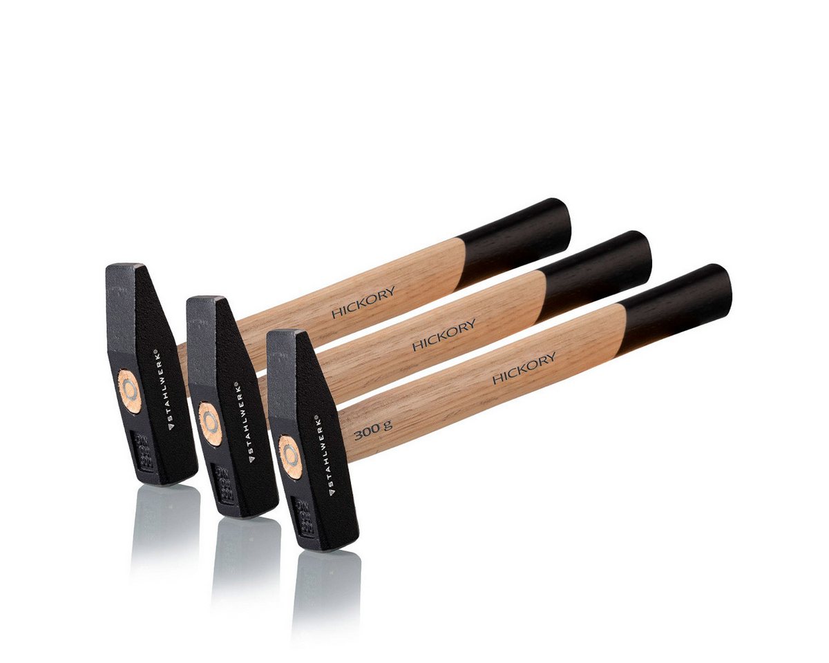 STAHLWERK Hammer 3 x Hammer Schlosserhammer 300g robuster Stahlkopf (Set, 3-St., Set), vibrationsdämpfender Griff aus Hickory-Holz von STAHLWERK