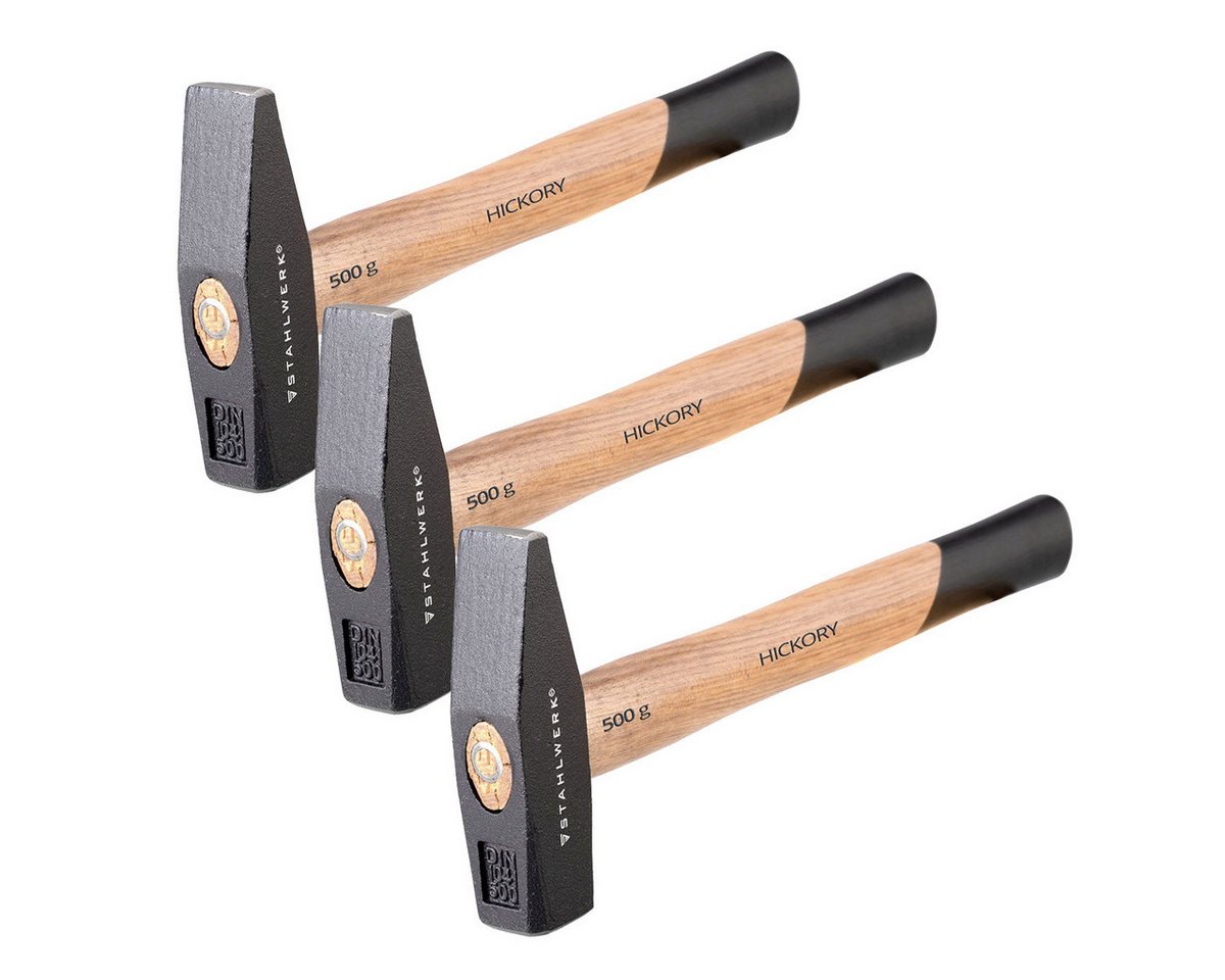 STAHLWERK Hammer 3 x Hammer Schlosserhammer 500g robuster Stahlkopf (Set, 3-St., Set), vibrationsdämpfender Griff aus Hickory-Holz von STAHLWERK
