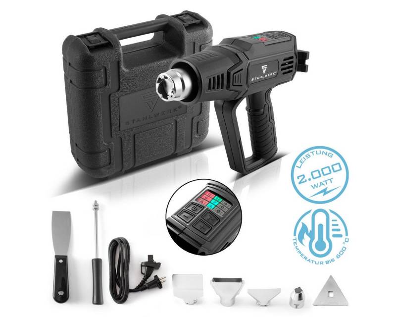 STAHLWERK Heißluftgebläse HP-2000 PRO 2.000 Watt starke Heißluftpistole und Heißluftfön, 2000 in W, bis max. 600 °C, (Set, 9-tlg., Set), zum Schweißen, Löten, Schrumpfen von STAHLWERK