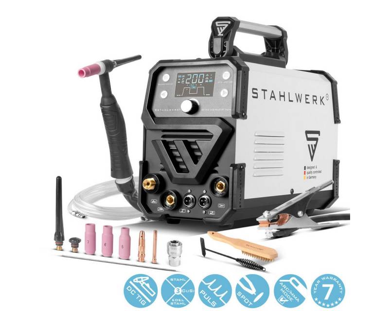 STAHLWERK Inverterschweißgerät 2-in-1-Kombi-Schweißgerät DC WIG 200 Puls ST, 20 - 200 A, Packung}, 8-tlg., Einzelgerät, Digital - Digitales Profi WIG Schweißgerät mit MMA, E-Hand von STAHLWERK