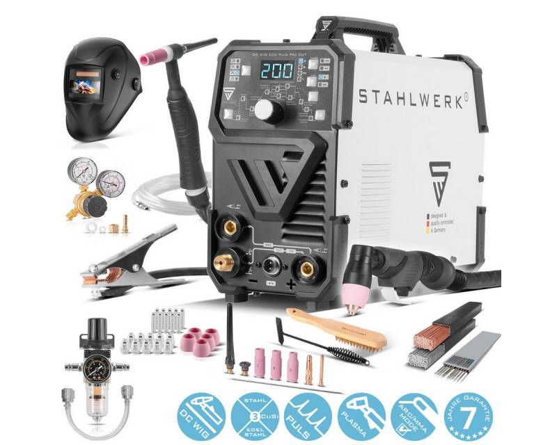 STAHLWERK Inverterschweißgerät 4-in-1 DC WIG 200 Puls Pro CUT Vollausstattung, 10 - 200 A, Packung}, 14-tlg., Vollausstattung, 4-in-1 Kombi-Schweißgerät DC WIG 200 Puls Pro CUT, digitaler 200 A von STAHLWERK