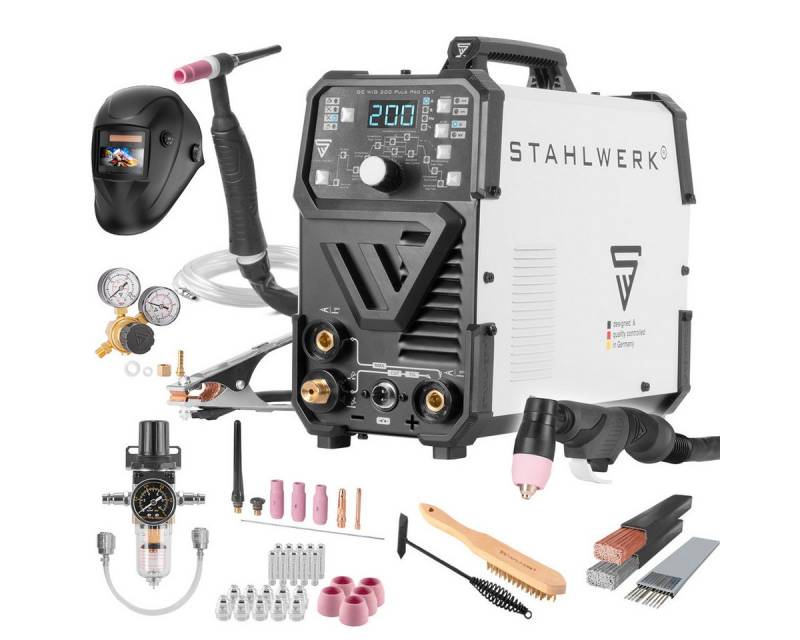 STAHLWERK Inverterschweißgerät 4-in-1 DC WIG 200 Puls Pro CUT Vollausstattung, 10 - 200 A, Vollausstattung, 4-in-1 Kombi-Schweißgerät DC WIG 200 Puls Pro CUT, digitaler 200 A von STAHLWERK