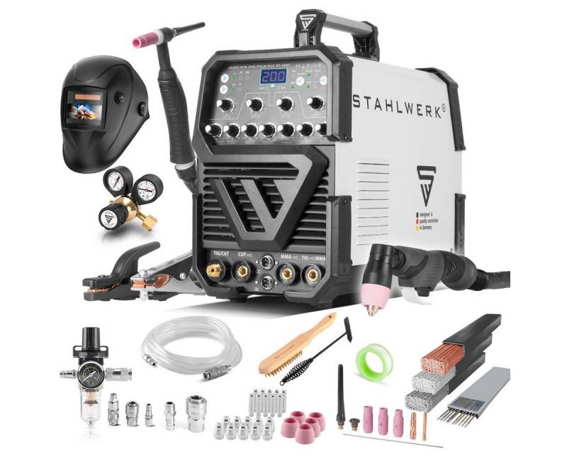 STAHLWERK Inverterschweißgerät AC/DC WIG 200 Puls mit Plasma Vollausstattung, 10 - 200 A, Vollausstattung, Schweißgerät mit 200 A WIG & MMA, Alu & Dünnblech geeignet, Kombigerät von STAHLWERK