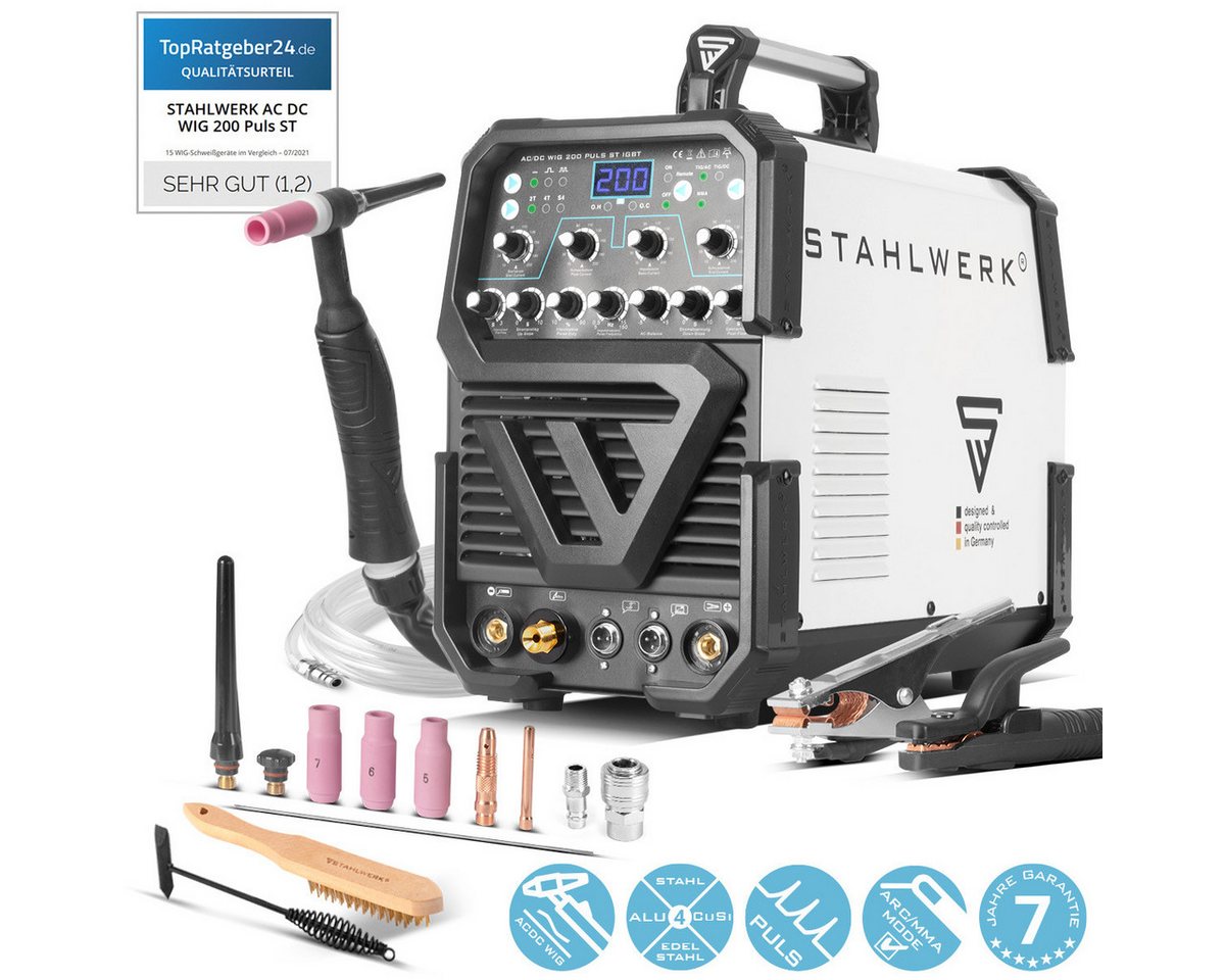 STAHLWERK Inverterschweißgerät AC DC WIG 200 Puls ST mit WIG Pulsfunktion und MMA, 10 - 200 A, Packung}, 7-tlg., Einzelgerät, Kombi Schweißgerät mit 200 Ampere STAHLWERK Inverterschweißgerät AC DC WIG 200 Puls ST mit WIG Pulsfunktion und MMA, 10 - 200 A, Packung}, 7-tlg., Einzelgerät, Kombi Schweißgerät mit 200 Ampere von STAHLWERK