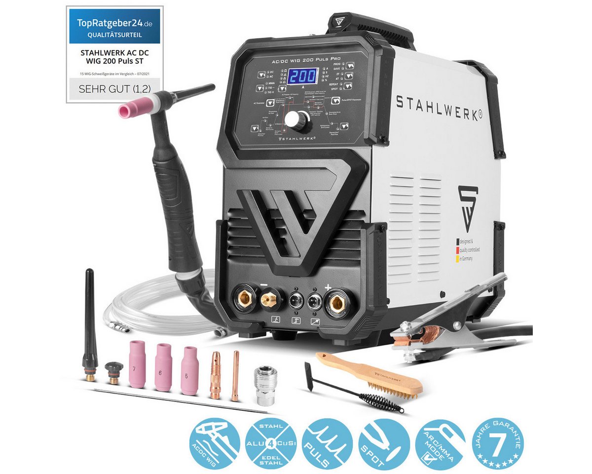 STAHLWERK Inverterschweißgerät Digitales Schweißgerät AC/DC WIG 200 Puls Pro IGBT Inverter 200A, 5 - 200 A, Packung}, 6-tlg., Einzelgerät, Inverter mit 200 Ampere, ARC/MMA Funktion, Job-Speicher und IGBT STAHLWERK Inverterschweißgerät Digitales Schweißgerät AC/DC WIG 200 Puls Pro IGBT Inverter 200A, 5 - 200 A, Packung}, 6-tlg., Einzelgerät, Inverter mit 200 Ampere, ARC/MMA Funktion, Job-Speicher und IGBT von STAHLWERK