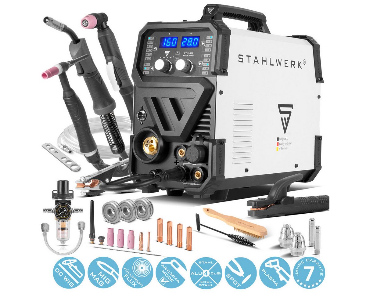 STAHLWERK Inverterschweißgerät Kombi-Schweißgerät CTM-416 Puls Pro 6-in-1 Schutzgas, 20 - 160 A, Packung}, 21-tlg., Einzelgerät, Schweißgerät, Inverter mit 160A, synergischem Drahtvorschub STAHLWERK Inverterschweißgerät Kombi-Schweißgerät CTM-416 Puls Pro 6-in-1 Schutzgas, 20 - 160 A, Packung}, 21-tlg., Einzelgerät, Schweißgerät, Inverter mit 160A, synergischem Drahtvorschub von STAHLWERK