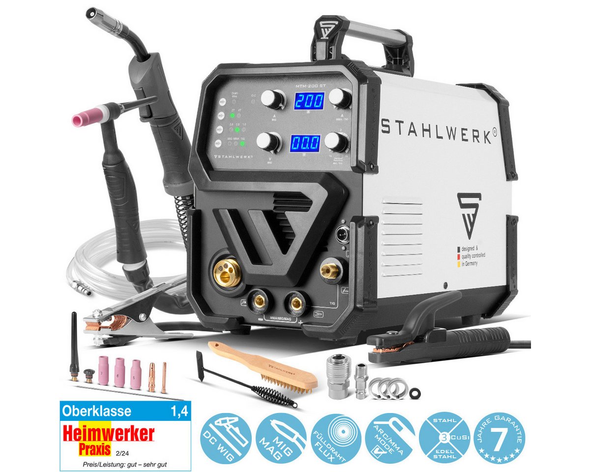 STAHLWERK Inverterschweißgerät Kombi-Schweißgerät MTM-200 ST 3-in-1, 10 - 200 A, Packung}, 12-tlg., Einzelgerät, mit 200 A und synergischem Drahtvorschub STAHLWERK Inverterschweißgerät Kombi-Schweißgerät MTM-200 ST 3-in-1, 10 - 200 A, Packung}, 12-tlg., Einzelgerät, mit 200 A und synergischem Drahtvorschub von STAHLWERK