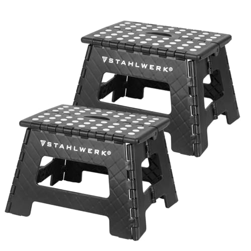 STAHLWERK Klapptritt KT-2 ST 2er Set mit 150 kg Tragkraft Faltbarer Tritthocker | Klapphocker | Schemel | Trittstufe | Klappleiter | Trittleiter mit Rutschfester Stufe von STAHLWERK