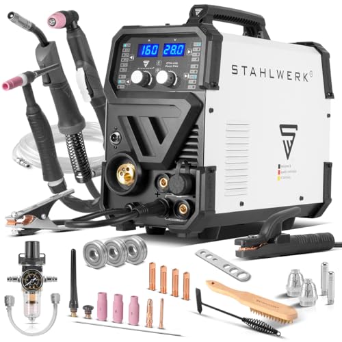 STAHLWERK Schweißgerät 6 in 1 Kombi CTM-416 Puls Pro - CUT, WIG, MIG MAG, PULS, MMA, FLUX, mit 160 A, 40 A Plasmaschneider, HF-Zündung, Puls-Funktion für Alu, Drahtvorschub, LED-Licht STAHLWERK Schweißgerät 6 in 1 Kombi CTM-416 Puls Pro - CUT, WIG, MIG MAG, PULS, MMA, FLUX, mit 160 A, 40 A Plasmaschneider, HF-Zündung, Puls-Funktion für Alu, Drahtvorschub, LED-Licht von STAHLWERK