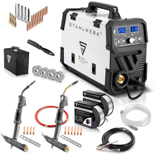 STAHLWERK MIG MAG 200 Puls Pro IGBT Schutzgas Schweißgerät Vollsynergisches 5 in 1 Kombigerät mit echten 200 Ampere inklusive AK25/MB25 Alu-Schweißbrenner, Verschleißteile-Set für Aluminium-Schweißen von STAHLWERK