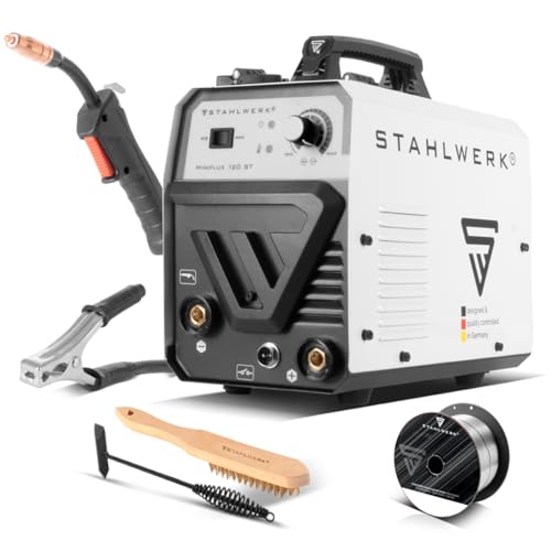 STAHLWERK Schweißgerät Mini FLUX 120 ST - Fülldraht, Schweißen ohne Schutzgas, mit synergischem Drahtvorschub für 0,6 | 0,8 | 0,9 | 1,0 mm Schweißdraht, kompakter Inverter mit echten 120 Ampere von STAHLWERK