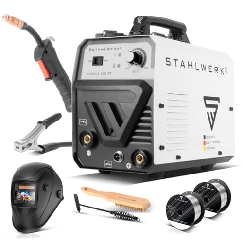 STAHLWERK Schweißgerät Vollausstattung Mini FLUX 120 ST - Fülldraht, ohne Schutzgas, synergischer Drahtvorschub für 0,6 | 0,8 | 0,9 | 1,0 mm Schweißdraht, kompakter Inverter mit echten 120 Ampere von STAHLWERK