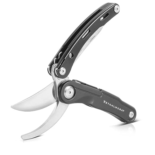 STAHLWERK Multitool mit 5 Werkzeugen, hochwertiges Taschenmesser/Klappmesser/Multifunktionswerkzeug mit Gartenschere, Säge, Messer, Wurzelstecher und Öse von STAHLWERK