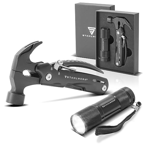 STAHLWERK Multitool mit 12 Werkzeugen, hochwertiges Taschenmesser/Klappmesser/Multifunktionswerkzeug mit Hammer, Messer, Säge, Feile, Kombizange, Schraubendreher etc. inklusive LED Taschenlampe von STAHLWERK