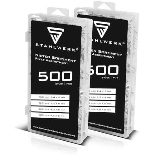 STAHLWERK Nieten Sortiment 1000-teilig | Blindnieten Set in praktischer Kunststoffbox | Nieten aus Aluminium in 4 verschiedenen Größen | Popnieten zur Verwendung mit Nietzangen von STAHLWERK