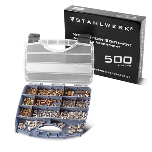 STAHLWERK Nietmuttern-Set für Nietmutternzangen 500-teilig | Hochwertige Gewindenieten aus Aluminium und Stahl im praktischen Koffer |Wechsel-Gewindedorn M3 | M4 | M5 | M6 | M8 | M10 von STAHLWERK