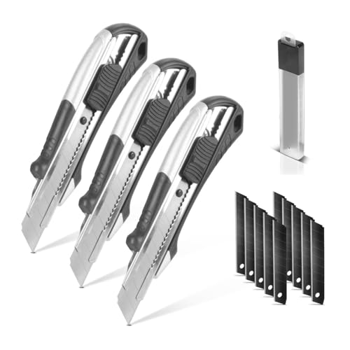 STAHLWERK Premium-Cuttermesser PCM-182 ST 3er Set mit 18 mm Abbrechklingen Profi Cutter | Teppichmesser | Sicherheitsmesser | Paketmesser | Kartonmesser von STAHLWERK
