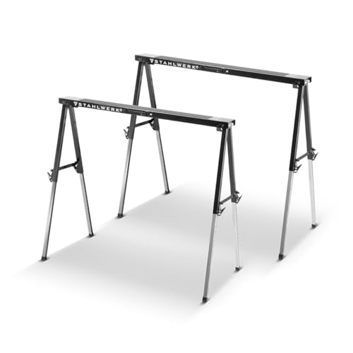 STAHLWERK Sägebock SB-910 ST im 2er Set pulverbeschichteter Metall-Arbeitsbock | Universal-Klappbock | Gerüstbock höhenverstellbar von 645-910 mm mit 150 kg Tragkraft und rutschhemmender Oberfläche von STAHLWERK