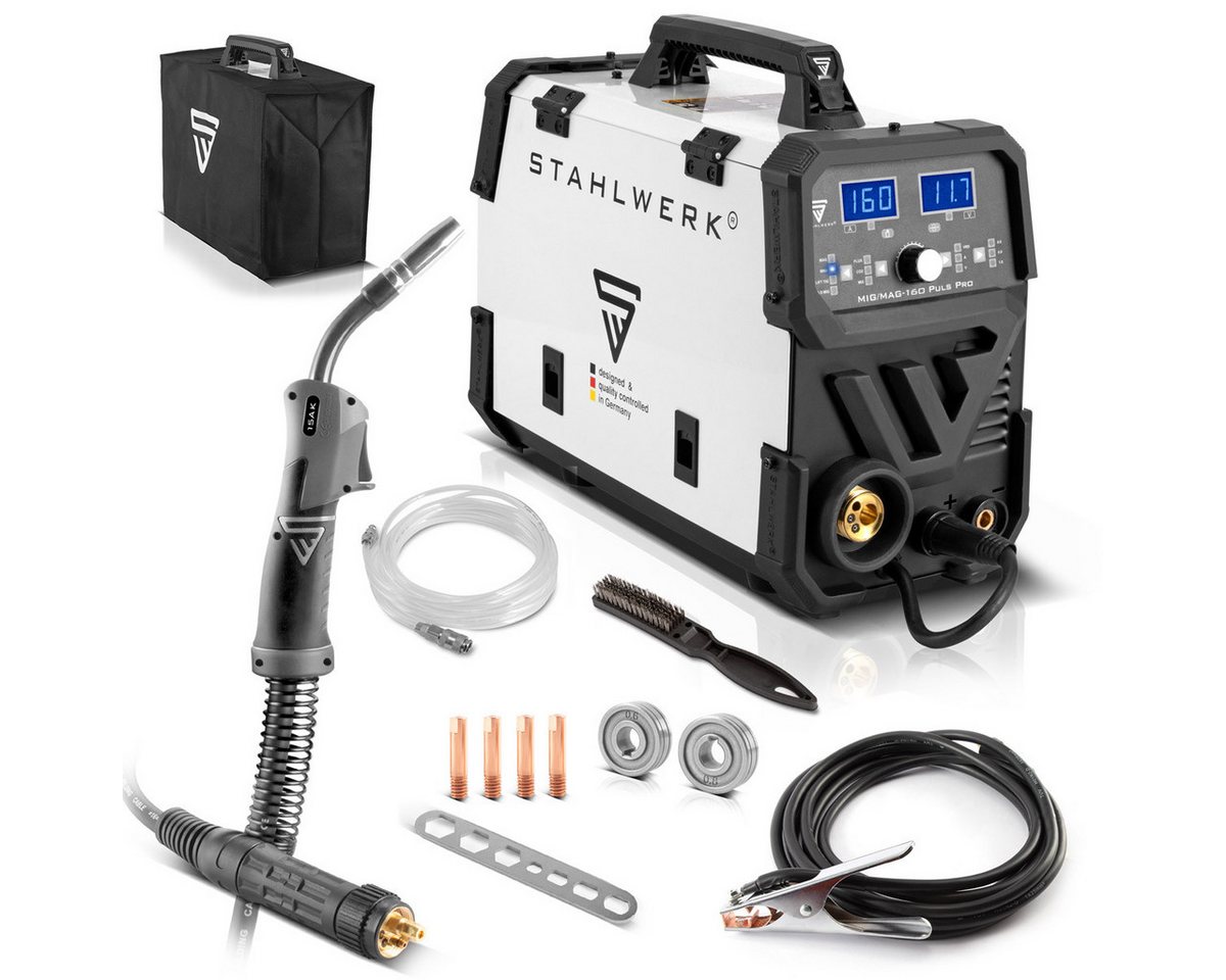 STAHLWERK Inverterschweißgerät MIG MAG 160 Puls Pro IGBT Schutzgas Schweißgerät, 20 - 160 A, Set, 8-tlg., Pro IGBT Vollsynergisches 5 in 1 Kombigerät mit echten 160 Ampere von STAHLWERK