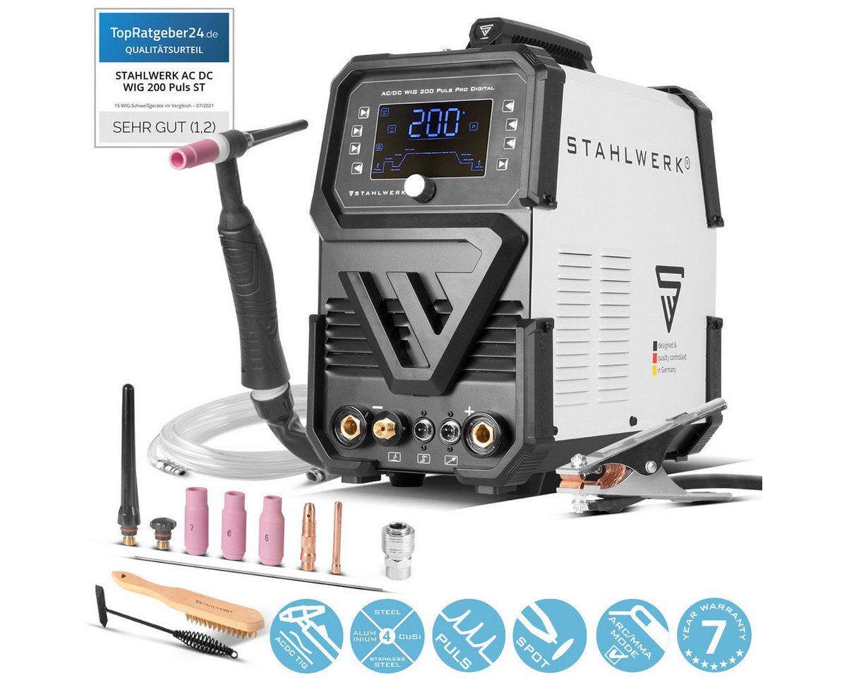 STAHLWERK Schutzgasschweißgerät Schutzgas-Schweißgerät AC/DC WIG 200 Puls Pro, 5 - 200 A, Packung, 1-tlg., Set, IGBT Inverter mit 200 Ampere STAHLWERK Schutzgasschweißgerät Schutzgas-Schweißgerät AC/DC WIG 200 Puls Pro, 5 - 200 A, Packung, 1-tlg., Set, IGBT Inverter mit 200 Ampere von STAHLWERK