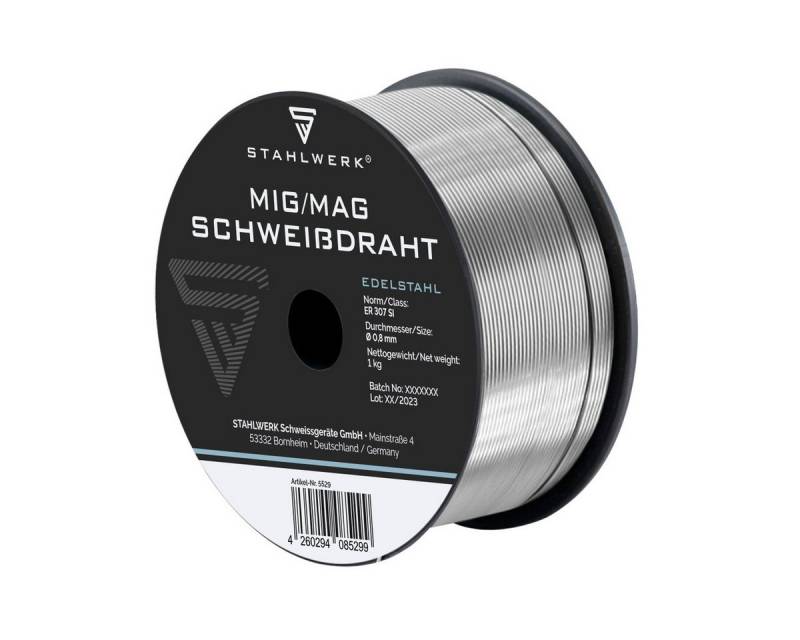 STAHLWERK Schweißdraht 0,8 mm MIG MAG Edelstahl ER307 Si Drahtrolle 1 kg, (Packung), D100 Spule für Schweißgeräte mit 16 mm Spulendorn-Aufnahme von STAHLWERK